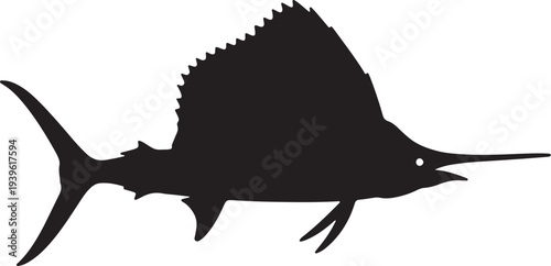 Black silhouette of a sailfish with serrated dorsal fin also transparent background marine life