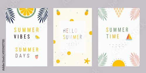 Three colorful summer themed cards with fruits and tropical leaves
