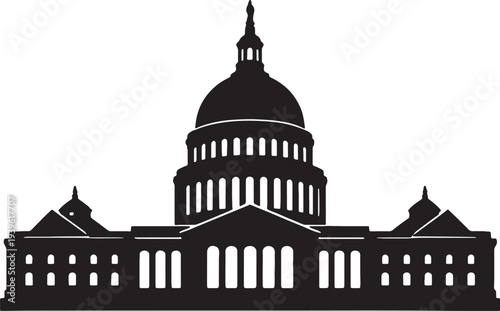 Black silhouette of iconic capitol building with central dome and side wings also transparent background