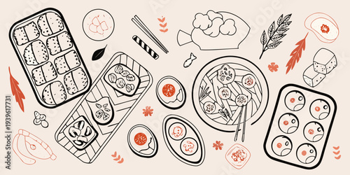 A flat lay illustration showcasing japanese bento boxes and culinary elements