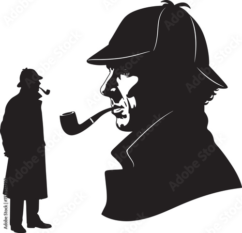 Black silhouettes of man smoking pipe and another wearing deerstalker hat also transparent background