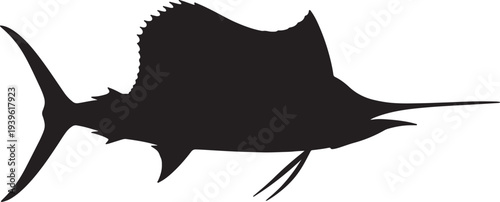 Silhouette of a swordfish swimming with extended sword and fin details also transparent background black