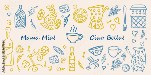 Hand drawn illustration of italian food drinks and decorative elements