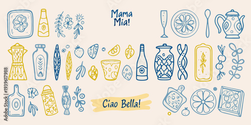 Collection of hand drawn kitchen items and botanical illustrations in warm tones