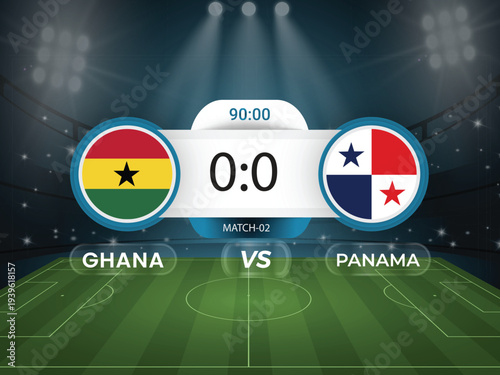 Ghana vs Panama 2026 world cup match with scoreboard and broadcast schedule template design