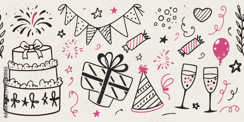 Celebration doodles featuring party decorations gifts and festive elements