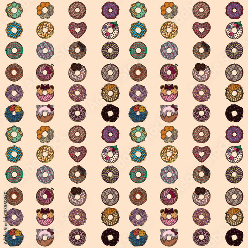 Whimsical donut pattern with diverse designs and vibrant colors on a soft background