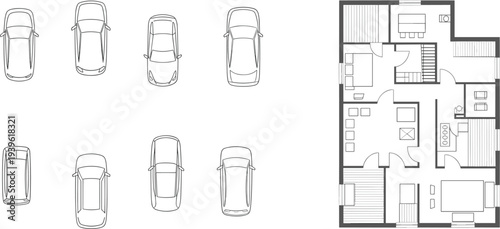Flat vector cars in rows with modern residential architectural floor plan