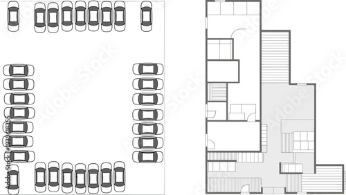 Flat vector parking lot with cars and detailed residential floor plan