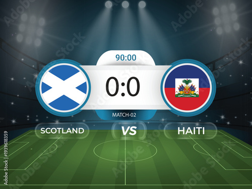 Haiti vs Scotland 2026 world cup match with scoreboard and broadcast schedule template design