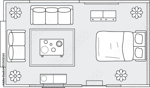 Flat vector modern living room bedroom interior design floor plan illustration