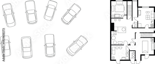 Flat vector cars parking positions with residential architectural floor plan design