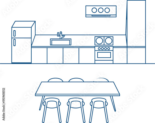 Minimalist modern kitchen dining room line art, flat vector illustration design