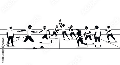 Black and white illustration of a lively volleyball game in action