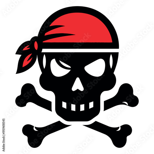 Black skull and crossbones with red bandana on white background pirate symbol black and white