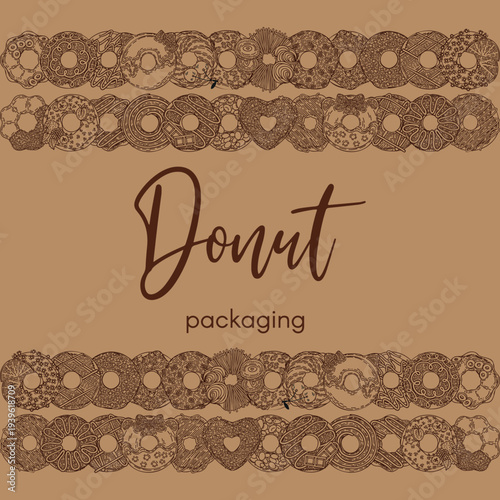 Hand-drawn donut packaging design with intricate patterns and a central text element