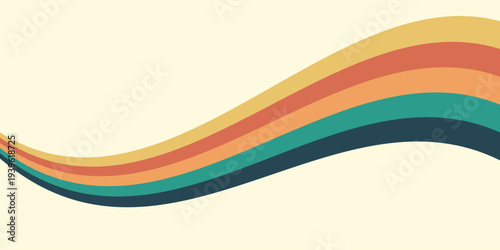 Abstract colorful 70s background vector. Vintage retro wallpaper with rainbow stripes and wavy lines. A 1970 color illustration suitable for posters, banners, decorative items and wall art.