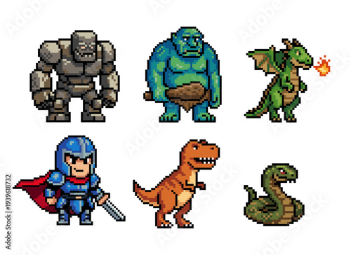 Pixel Art Fantasy Characters – Dragon, Golem, Ogre, Knight, Dinosaur 8 Bit Sprites Vector