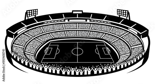 Black and white illustration of a large sports stadium with spectators