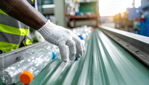 Detailed view of an industrial worker manually sorting clear plastic bottles on a metal conveyor belt at a large-scale recycling center