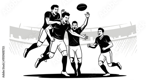 Rugby players in action jumping for the ball