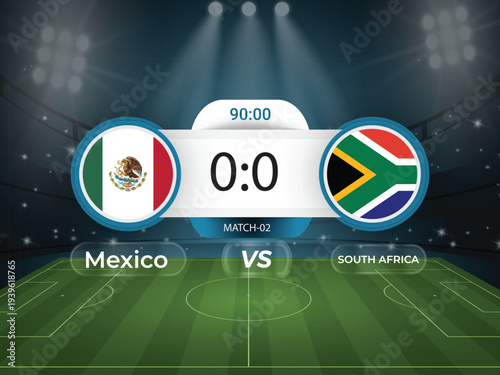 Mexico vs South Africa 2026 world cup match with scoreboard and broadcast schedule template design