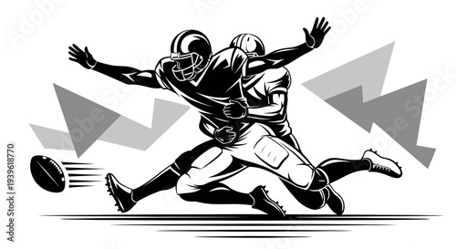 Two american football players in action tackling each other
