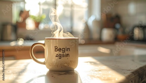 Ceramic coffee mug with motivational quote begins again sitting on a sunlit kitchen counter with soft steam rising for a peaceful morning