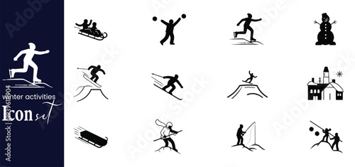 Winter Sports and Snow Activities Silhouette Icon Set