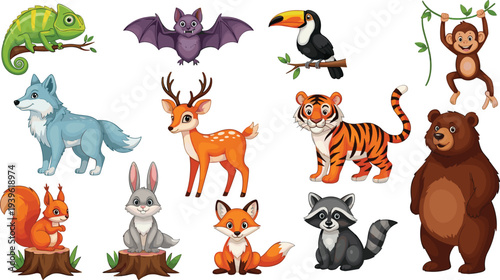 Cute Forest and Wild Animals Vector Set with Fox Wolf Tiger Bear Monkey