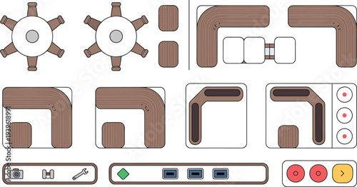 Flat vector furniture layout, interior design schematic, modern UI interface elements