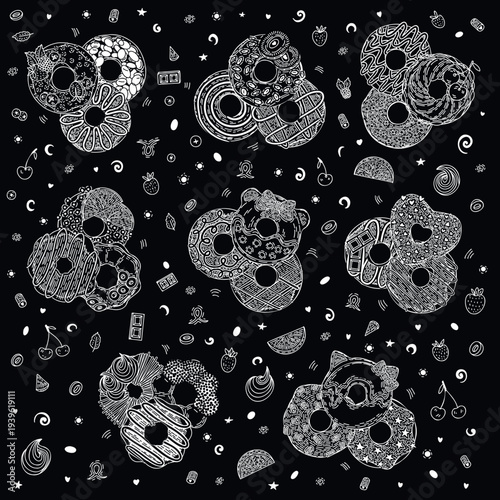 Whimsical hand-drawn donut pattern with fruits and stars on a black background