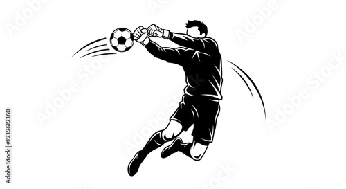 A soccer goalkeeper jumping to catch a ball in mid air during a game