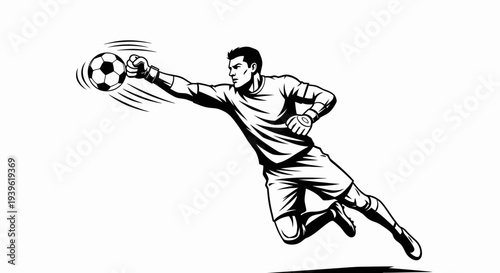 Soccer goalkeeper in action diving to catch ball