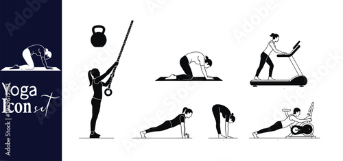 Yoga Poses and Fitness Exercise Silhouette Icon Vector Set
