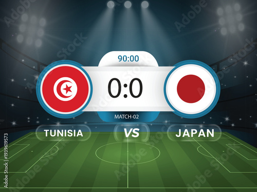 Tunisia vs Japan 2026 world cup match with scoreboard and broadcast schedule template design
