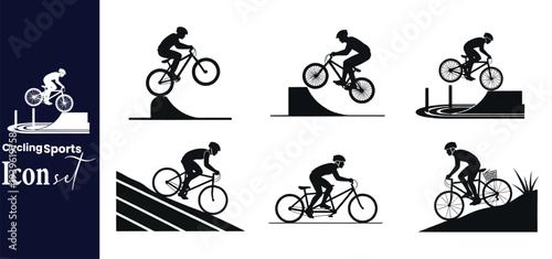 Mountain Biking and Cycling Silhouette Icon Set for Sports Design