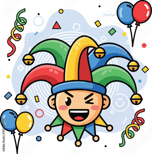 Vibrant comical circus character line art with floating youth accessories.