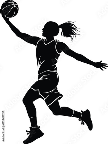 Black silhouette vector illustration of a female basketball player jumping for a layup or slam dunk isolated on white background for sports and fitness design