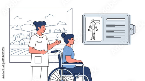 Medical professional assisting a patient in a wheelchair with a digital health record displayed on a screen in a clinical environment from a straightforward viewpoint
