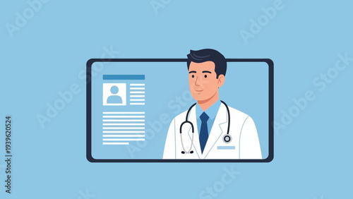 Doctor's profile illustration on digital screen displaying patient information and medical records