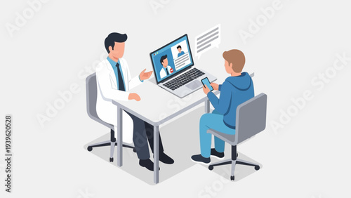 Doctor consulting patient remotely on laptop at desk in modern office setting