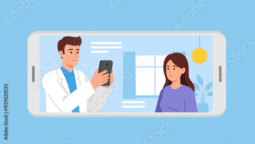 Doctor and patient interacting on a mobile device screen with a modern interface and minimalist design