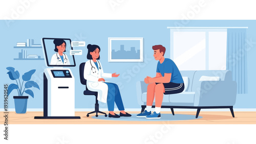 Healthcare professional consulting patient in modern medical office with diagnostic equipment nearby