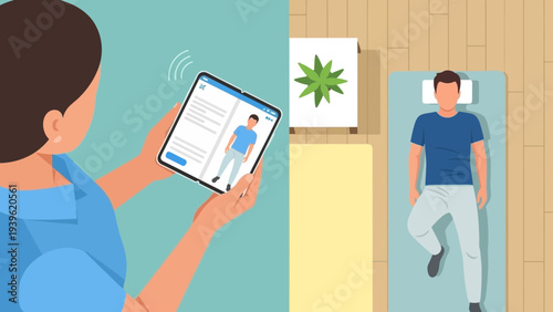 Woman monitoring man's sleep patterns with a digital device in a serene bedroom environment