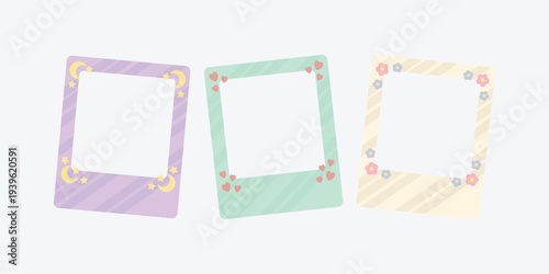 Three Decorative Photo Frames with Pastel Colors and Floral Accents on White Background