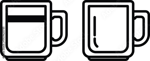 Black and white vector line icons of glass mugs and coffee cups isolated on white background for kitchenware cafe branding and beverage graphic design projects