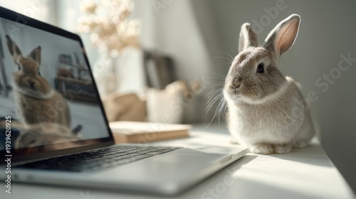 Cute brown rabbit on desk beside laptop with reflection in bright cozy home office for background, card, poster and design