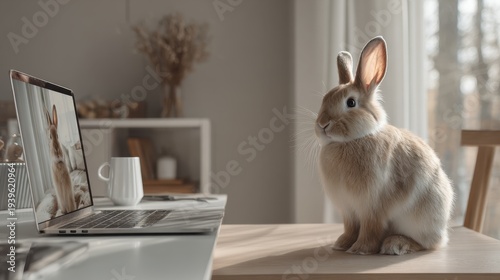 Adorable brown rabbit sitting on table next to laptop and mug in modern sunlit home office for card, poster, background and design