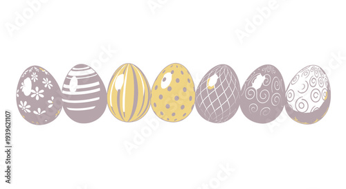 Decorated Easter eggs in various patterns and colors.